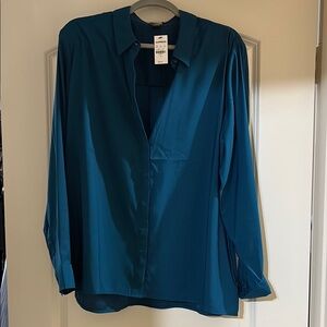 Express Blue Fitted Long Sleeve Notched Collar Blouse